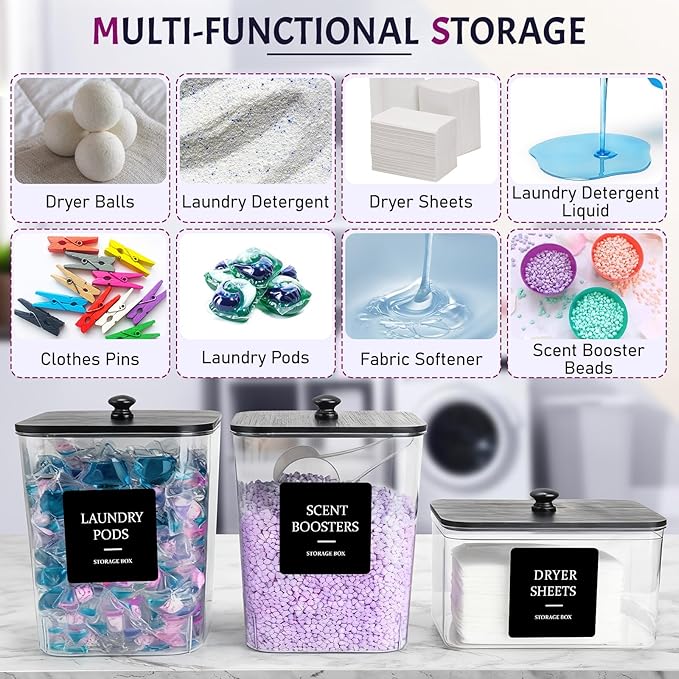 Laundry Pods Container, 3Pcs Acrylic Clear Laundry Room Organization Containers with Dryer Sheet Holder,Large Laundry Detergent Powder Storage Containers Black Wooden Lids & Labels