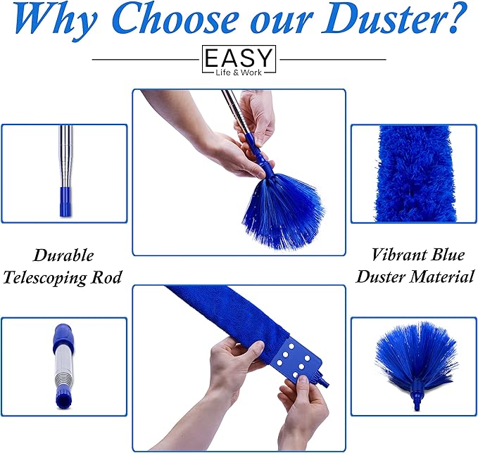 Microfiber Duster with Extension Pole - 4 Piece Dusters Set - Extends 15 to 80 Inches - Ceiling Fan Cleaner - Perfect for Cobwebs, Spider Webs, and Dust on Ceilings, Fans, Walls, Windows, and Blinds