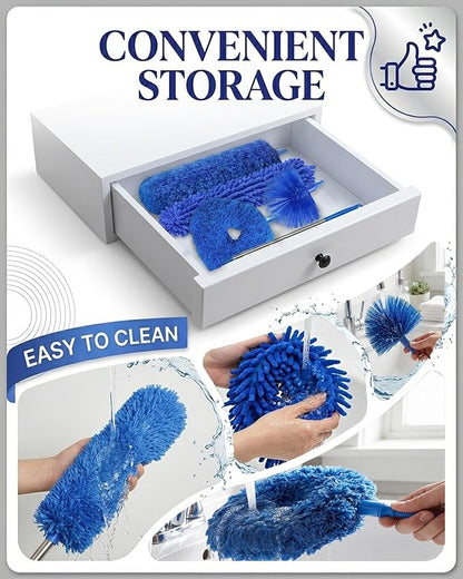 Dusters for Cleaning, 5-in-1 Dusters, Ceiling Fan Cleaner Duster with Extension Pole, Microfibe, Cobweb and Chenille Duster for Fans, Blubs, Cars, Blinds and Furniture
