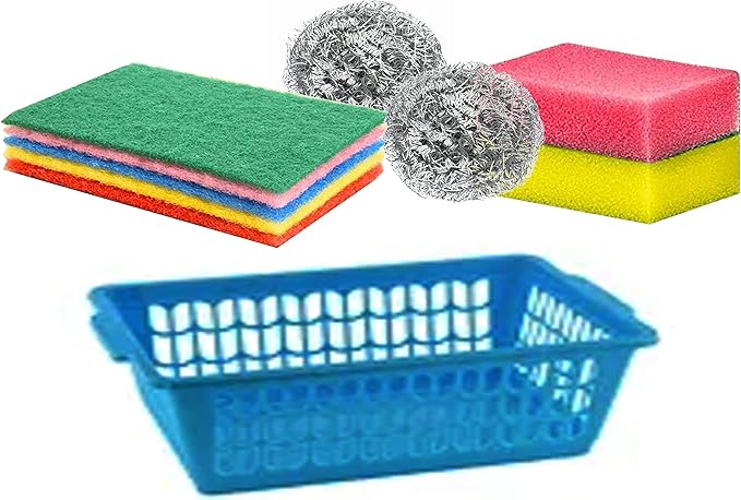 9-Piece Kitchen Scrub Sponge Set with Storage Basket Heavy Duty Scouring Pads Metal Scrubbers for Dishes Pots Pans Sink Bathroom Cleaning All Purpose Multi Use