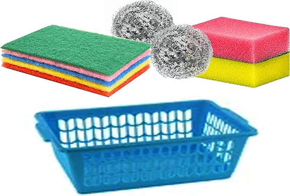 9-Piece Kitchen Scrub Sponge Set with Storage Basket Heavy Duty Scouring Pads Metal Scrubbers for Dishes Pots Pans Sink Bathroom Cleaning All Purpose Multi Use