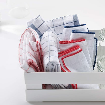 E-Cloth Wash & Wipe Dish Cloth, Premium Microfiber Cleaning Cloth, Ideal Dish Towels for Drying Dishes, Glasware, Cookware and Countertops, 100 Wash Guarantee, White with Blue Trim, 4 Count