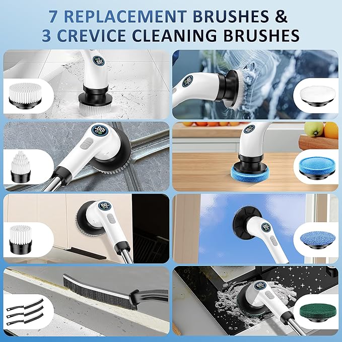 Electric Spin Scrubber, Full-Body IPX7 Waterproof Cordless Power Cleaning Brush with Adjustable Extension Handle, 2-Speed Shower Scrubber with 7 Replaceable Brush Heads for Bathroom, Kitchen Cleaning