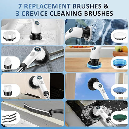 Electric Spin Scrubber, Full-Body IPX7 Waterproof Cordless Power Cleaning Brush with Adjustable Extension Handle, 2-Speed Shower Scrubber with 7 Replaceable Brush Heads for Bathroom, Kitchen Cleaning