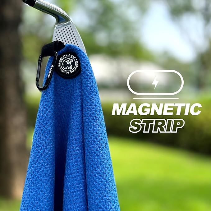 Magnetic Golf Towel with Clip, Microfiber Waffle Design - Industrial Strength Magnet for Strong Hold to Golf Bags, Carts & Clubs - Blue