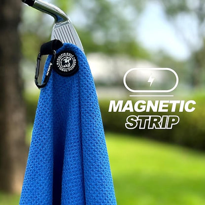 Magnetic Golf Towel with Clip, Microfiber Waffle Design - Industrial Strength Magnet for Strong Hold to Golf Bags, Carts & Clubs - Blue