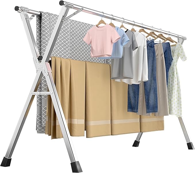 63 Inches Heavy-Duty Stainless Steel Folding Clothes Drying Rack Clothing Indoor Outdoor Anti-Rust 20 Windproof Hooks Portable & Foldable Laundry Rack (63'')