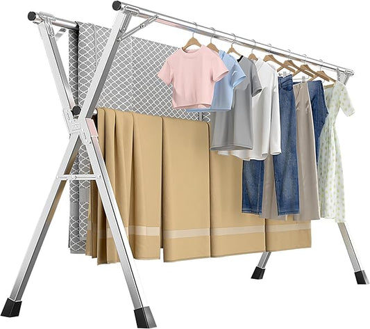 63 Inches Heavy-Duty Stainless Steel Folding Clothes Drying Rack Clothing Indoor Outdoor Anti-Rust 20 Windproof Hooks Portable & Foldable Laundry Rack (63'')