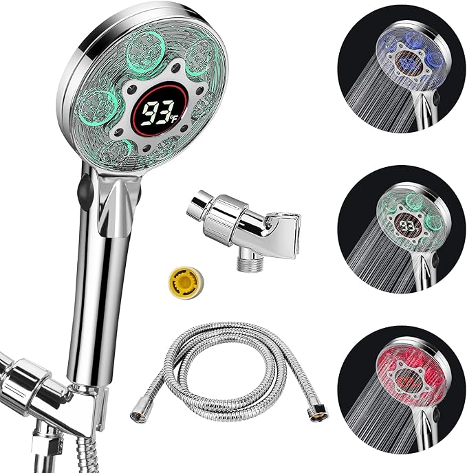 LED Shower Head with Handheld, Color Changing, Shower Head High Pressure with Water Temperature Display, Water Saving Spray Showerheads with 59" Hose and Shower Bracket for Low Water Pressure, Chrome