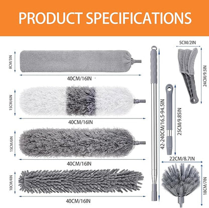 Microfiber Feather Duster Kit, 9PCS Dusters for Cleaning with 100-inch Extendable Pole, Bendable Reusable Washable Cobweb Duster for High Ceilings and Fans, Blinds, Cars and Furniture