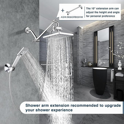 BRIGHT SHOWERS Rain Shower Head with Handheld Spray, 8 Inch High Pressure Rainfall Shower Head Combo with 60” Hose, Adjustable Dual Square Showerhead with 3-Way Diverter, Wall Bracket, Chrome
