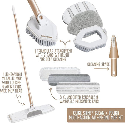 Quick Shine Ultimate Gold Clean + Polish Mop Kit | All-in-One 9 Pc Kit w/Interchangeable Attachments | No Batteries Needed | Pro Cleaning System for All Floor Types | 2-in-1 Mop