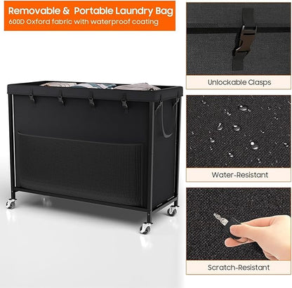 300L Laundry Hamper with Wheels, Rolling Laundry Basket with Metal Frame and Removable Bag, Large & Tall Dirty Clothes Hampers for Bedroom Aesthetic, Laundry Room, Bathroom, Dorm-Black