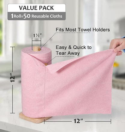 UPSTAR Microfiber Cleaning Cloth, Reusable Paper Towels Rolls, 50 Packs 12x12 inch Cleaning Rags for Washing Dishes, Kitchen, Bathroom, Car, Pink