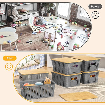 Plastic Storage Baskets with Bamboo Lids and Labels, Stackable Storage Containers, Storage Bins for Organizing Shelves Drawers Desktop Closets Office, 6 Packs-Gray