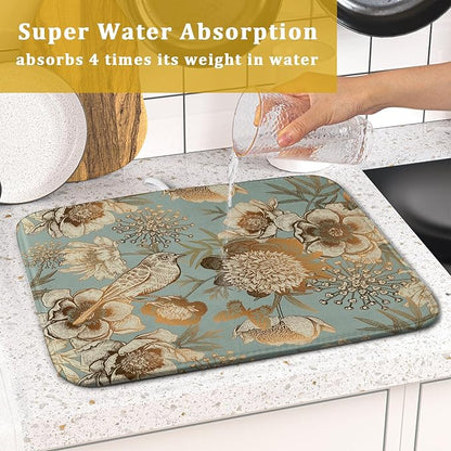 Retro Flower Bird Dish Drying Pad 16 x 18 Inch With Absorbent Reversible Microfiber Vintage Blue Gold Floral Drying Mats Dish Drainer Mat Fast Dry For Kitchen Dining Room Decoration