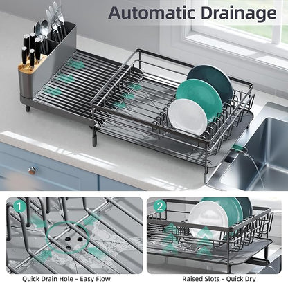 Urackify Large Dish Drying Rack, Expandable Dish Racks for Kitchen Counter, Multifunctional Dish Drainer with Utensil Holder & Cup Holder, 18.5"-26.7" L x 12.7" W, Gray