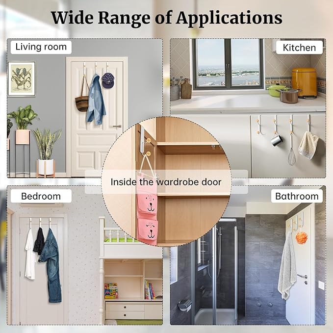 6 PCS Over The Door Hooks,Door Hooks for Hanging Towels,Clothes,Hats,Bags,Back of Door Towel Hanger with Non-Slip Pads,Fits Doors 0.7-1.5" for Bathroom,Bedroom,Closet(White)
