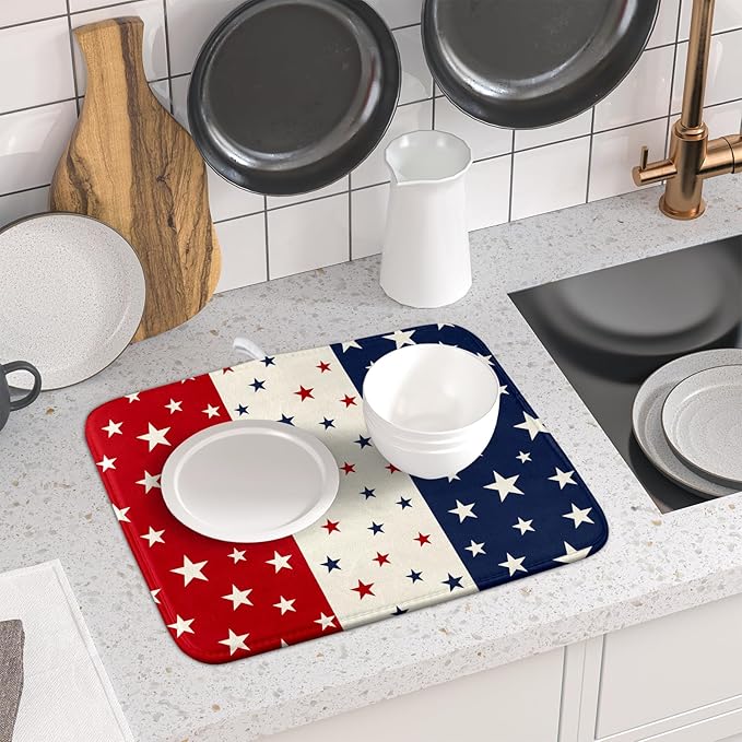 Blue Red White Star July of 4th Patriotic Dish Drying Mat for Kitchen Counter 16x18 Independence Day Absorbent Reversible Microfiber Drying Mats Kitchen Countertop Protector Dishes Drainer Rack Pad