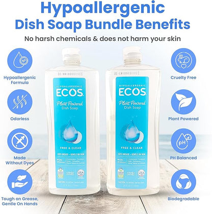 Unscented Dish Soap Liquid Hypoallergenic Cleaning Pack with 1 Natural Sisal Dish Scrub Brush & 2 Unscented Clear Liquid Dishwashing Soap With Biodegradable Formula (3 Items)