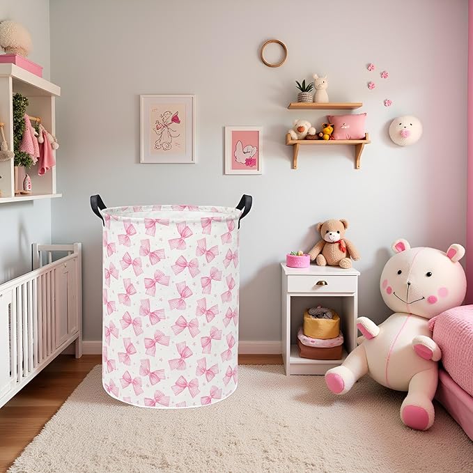 Baby Laundry Hamper kids laundry Basket Waterproof Storage Bin for Bedroom Toy Clothes Organizer Basket Woodland Animals Room Décor(Pink Bowknot)