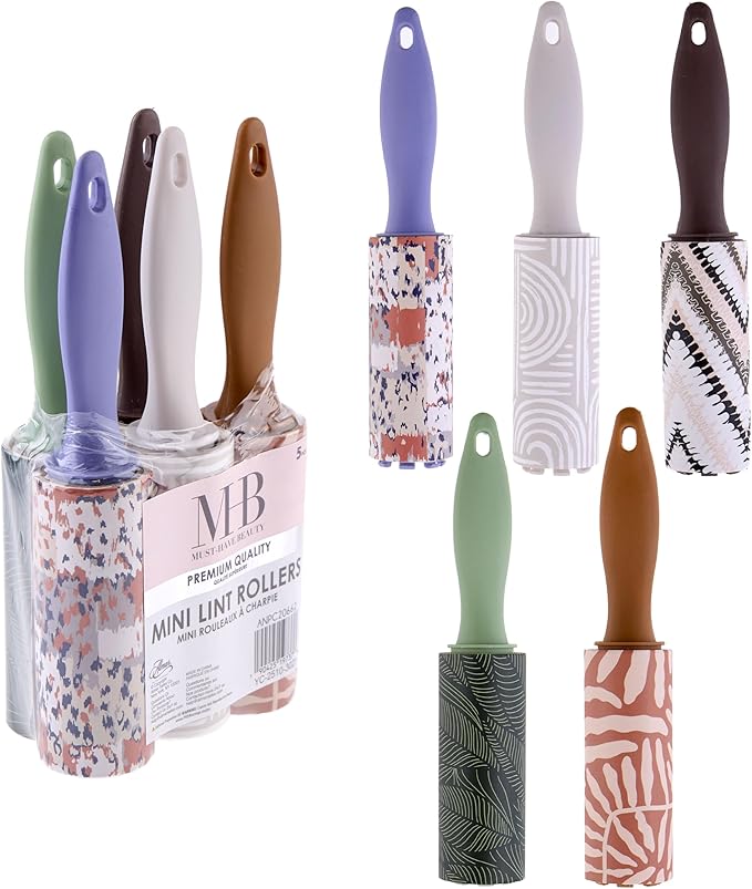 Expressions 5pc Mini Lint Rollers Value Pack - Colorful Compact Mini Lint Roller for Travel, Household Essentials Pet Hair Removal Tool & Lint Removers for Clothing (Boho)
