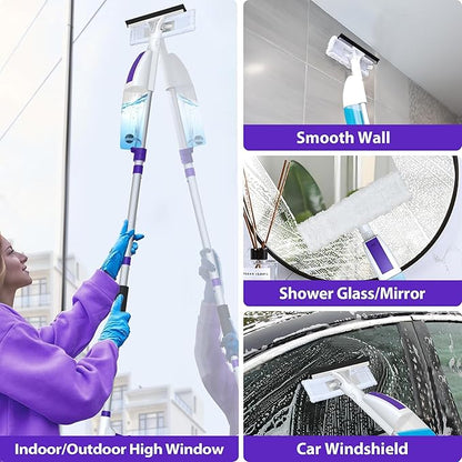 Spray Window Squeegee with 60" Extension Pole, Window Cleaning Squeegee Kit- 2-In-1 Squeegee Scrubber, 3 Microfiber Cleaning Pad&400ML Refill Bottle, Multi-Use Squeegee for Home Shower Car Windshield.