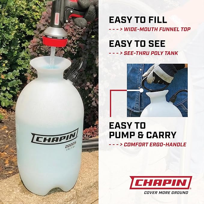 Chapin 20024 Pump Sprayer, 2‑Gallon, Lawn & Garden, Translucent Poly Tank, Funnel‑Top, SureSpray Anti‑Clog Filter, Adjustable Cone Nozzle & 34" Hose for Fertilizer, Weed & Pest Application, Pack of 2