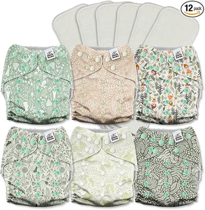 Mama Koala 3.0 Cloth Diapers for Babies with AWJ Lining, 6 Pack with 6 5-Layer Natural Cloth Diaper Inserts - Reusable and Washable Pocket Diapers(A-Spring Sprouts)