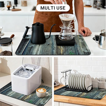 Coffee Mat 24x16 Inch, Wood Grain Coffee Protection Mat, Absorbent Hide Stain Rubber Backed Dish Drying Mat for Kitchen Counter, Bar Mat for Countertops, Under Coffee Maker Machine Pot Espresso Staion