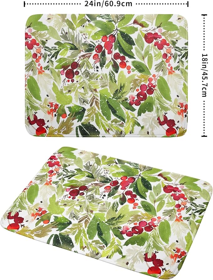 Watercolor Christmas Dish Drying Mat 18 x 24 Inch With Absorbent Reversible Microfiber Green Leaves Red Berry Xmas Drying Mats Winter Holiday Dish Drainer Mat Fast Dry For Kitchen Dining Room