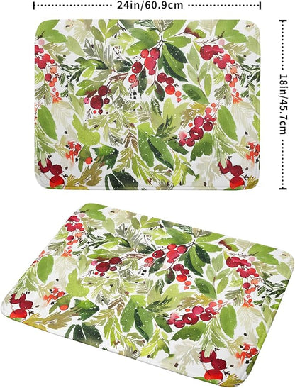 Watercolor Christmas Dish Drying Mat 18 x 24 Inch With Absorbent Reversible Microfiber Green Leaves Red Berry Xmas Drying Mats Winter Holiday Dish Drainer Mat Fast Dry For Kitchen Dining Room