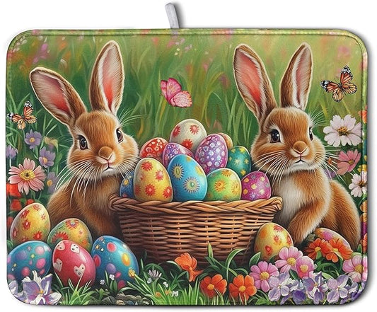 Easter Bunny Eggs Dish Drying Mat for Kitchen Counter 18x24 Inch Spring Easter Rabbit Flowers Large Drying Mat Microfiber Dish Drainer Rack Mats Absorbent Reversible Dishes Pad Dish Dryer Mat