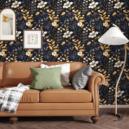 Laatse Blue/Gold Leaf Wallpaper Peel and Stick Vintage Dark Floral Wallpaper Waterproof Self Adhesive Removable Boho Wall Paper Modern for Bedroom Walls Drawer Cabinet 17.5in x118in