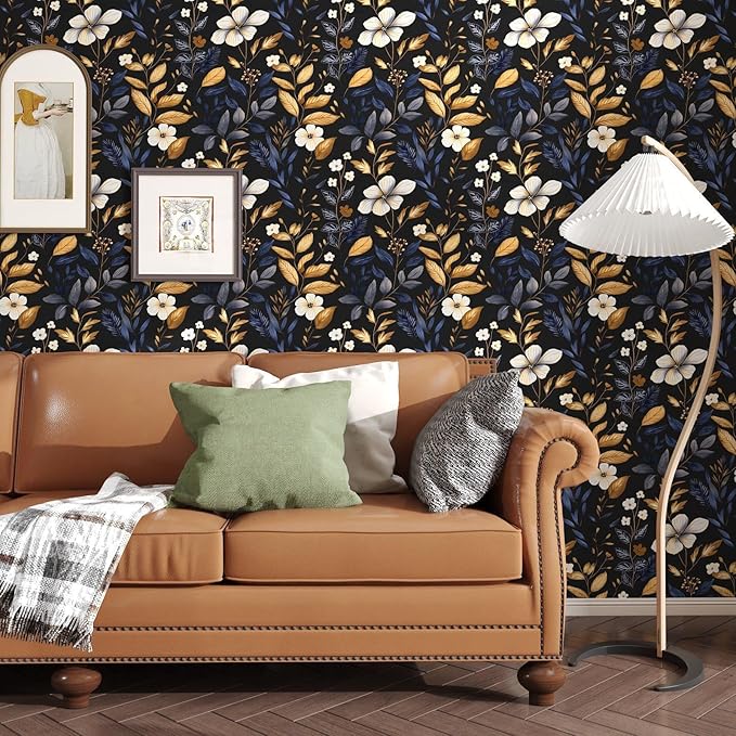 Laatse Blue/Gold Leaf Wallpaper Peel and Stick Vintage Dark Floral Wallpaper Waterproof Self Adhesive Removable Boho Wall Paper Modern for Bedroom Walls Drawer Cabinet 17.5in x393in