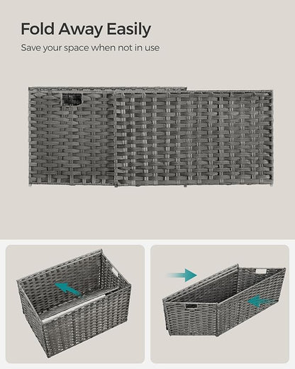 SONGMICS Storage Basket with Lid, Woven Blanket Storage Bin with Handles, Foldable, Removable Liner, Metal Frame, for Bedroom, Laundry Room, 27.7 Gallons (105 L), Gray URST066G01