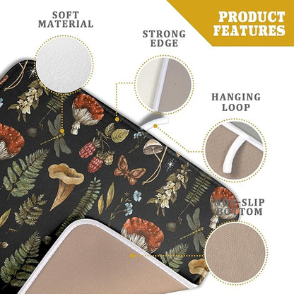 Mushroom Fern Leaves Berry Dish Drying Pad 16 x 18 Inch with Absorbent Reversible Microfiber Vintage Botanical Nature Forest Black Drying Mats For Kitchen Counter Dining Room Decoration