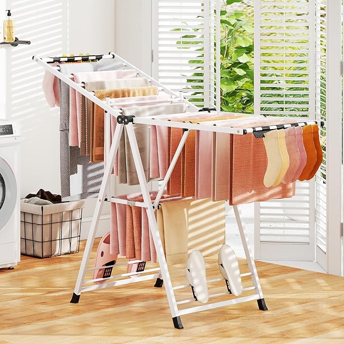 Giantex Clothes Drying Rack, Foldable Metal Laundry Drying Rack with Height Adjustable Wings, 16 Drying Rails, Sock Clips & Shoe Racks, Freestanding Clothing Stand for Indoor & Outdoor, White