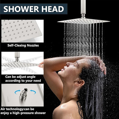 Aolemi Ceiling Mount Shower System Rain Shower Head with Handheld Spray High Pressure Shower Faucet Set Rough-in Valve Shower Trim Kit Included Bathroom Brushed Nickel 8 Inch Ceiling Shower Head