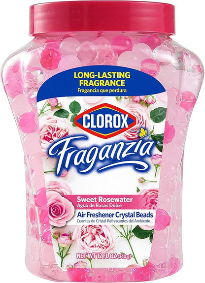 Clorox Fraganzia Crystal Beads Air Freshener, Long Lasting Room Deodorizer and Odor Eliminator Gel Beads to Freshen Home, Car, or Office, Sweet Rosewater Scent, 12 Fl Oz
