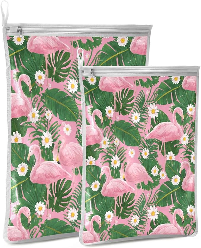 Mesh Laundry Bags Lingerie Bags for Washing Delicates 2 PCS Durable Wash Bag with Zipper Small and Medium Washable Pink Flamingos Palm Leaves and Daisy