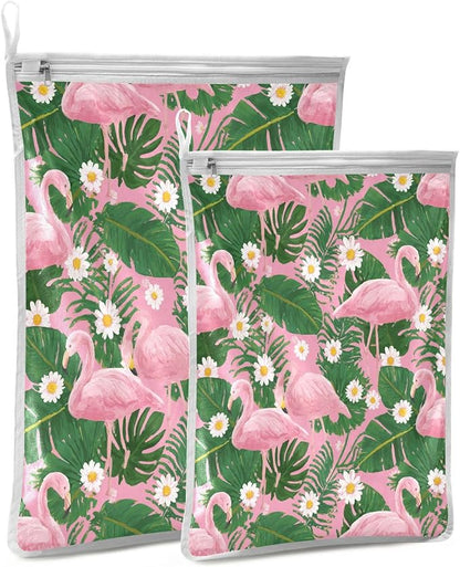Mesh Laundry Bags Lingerie Bags for Washing Delicates 2 PCS Durable Wash Bag with Zipper Small and Medium Washable Pink Flamingos Palm Leaves and Daisy
