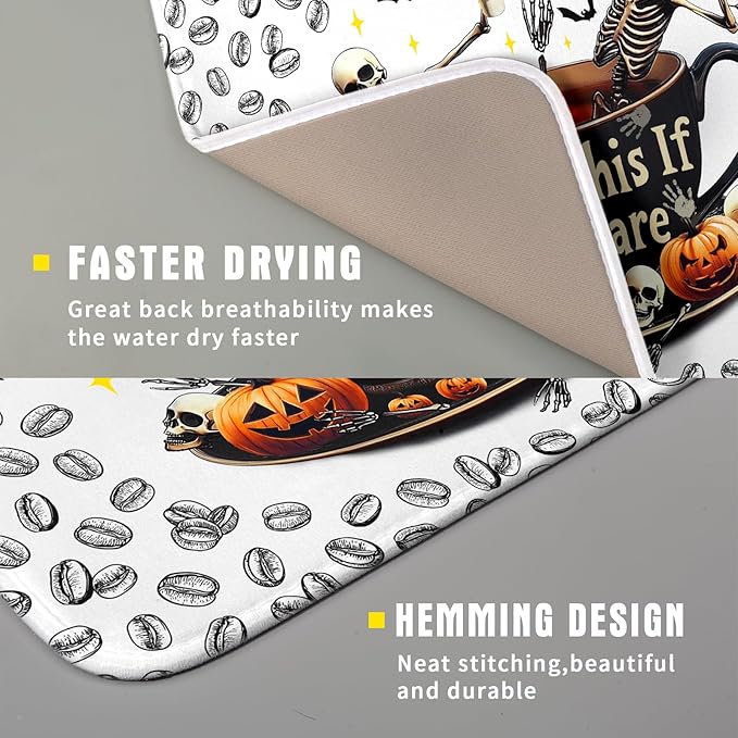 Funny Skull Coffee Matt for Counter Skeleton Dish Drying Mat Halloween Decoration for Home Coffee Bar