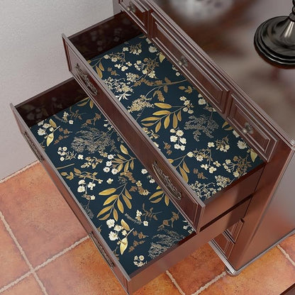 Laatse Dark Blue Leaf Wallpaper Peel and Stick Dark Floral Wallpaper for Bedroom Vintage Leaf Contact Paper Waterproof Self Adhesive Boho Floral Wall Paper for Bedroom Walls Countertop 17.5in x 393in
