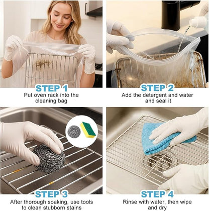 Oven Rack Cleaner Bags Kit Heavy Duty Reusable Oven Rack Soaking Cleaner Bags in 3 Sizes with Gloves Steel Wool Sponges Cleaning Cloths for Deep Degreasing Household Maintenance
