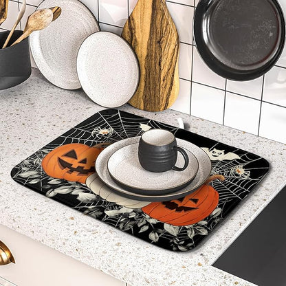 Halloween Pumpkin Dish Drying Mat for Kitchen Counter 16x18 Cream Bat Spiderweb Holiday Scary Theme Absorbent Reversible Microfiber Drying Mats Kitchen Countertop Protector Dishes Drainer Pad