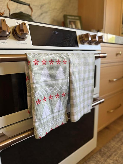|| 3 Pack|| Double Sided Dish Towels || Waffle Weave Microfiber || Highly Absorbent || Hanging Loop || Dish Cloths || Modern || Designer Prints || Lights (Christmas Mint 2 Pack)