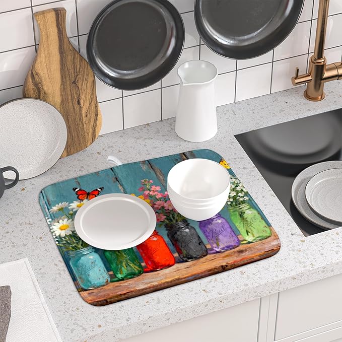 Floral Dish Drying Mat for Kitchen Counter 16x18 Spring Summer Daisy Flower Vases Farmhouse Decorative Small Drying Mats Rustic Vintage Absorbent Reversible Microfiber Dishes Drainer Pad