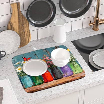 Floral Dish Drying Mat for Kitchen Counter 16x18 Spring Summer Daisy Flower Vases Farmhouse Decorative Small Drying Mats Rustic Vintage Absorbent Reversible Microfiber Dishes Drainer Pad