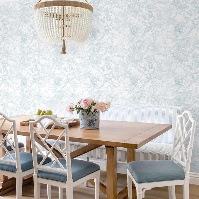 Ismoon Large Floral Peel and Stick Wallpaper Boho White and Blue Contact Paper 17.3inx16.4ft Modern Wall Paper Removable Self Adhesive Vinyl Wallpaper for Bedroom Cabinet Waterproof Mural Wall Decor